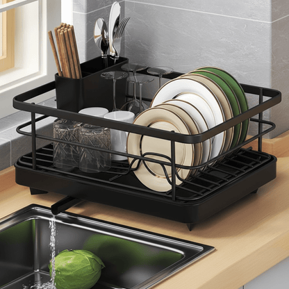 Compact Stainless Steel Dish Drying Rack with Integrated Countertop Drainboard