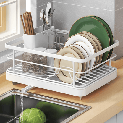 Compact Stainless Steel Dish Drying Rack with Integrated Countertop Drainboard