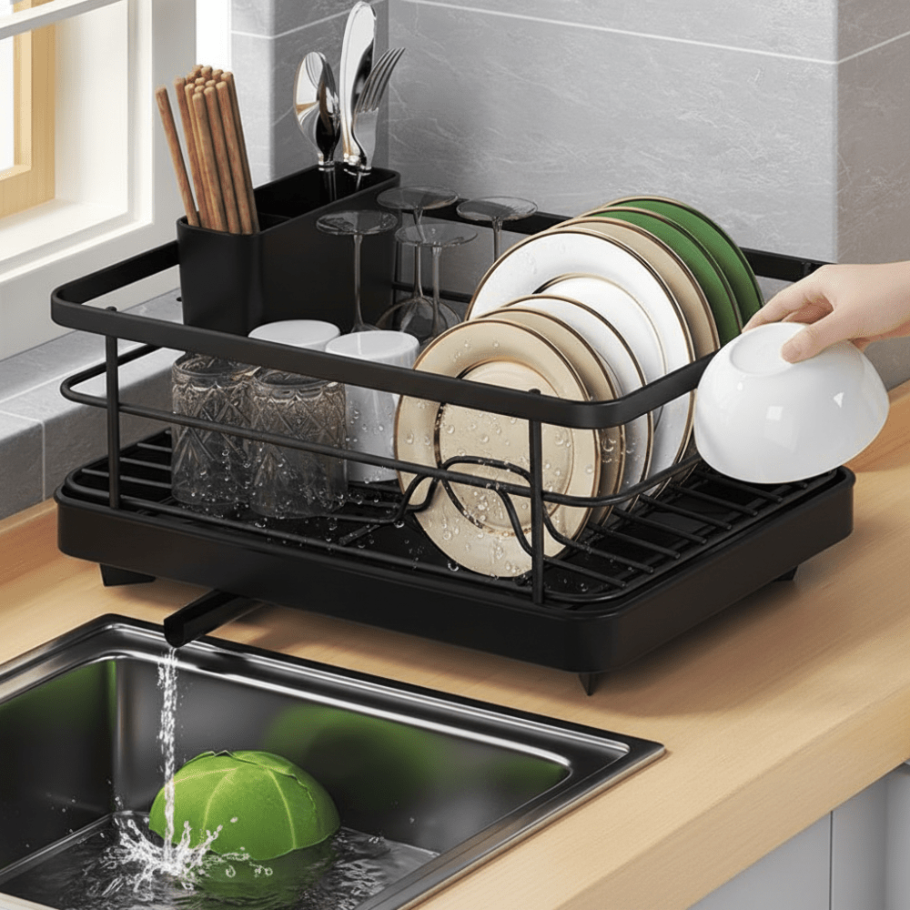 Compact Stainless Steel Dish Drying Rack with Integrated Countertop Drainboard