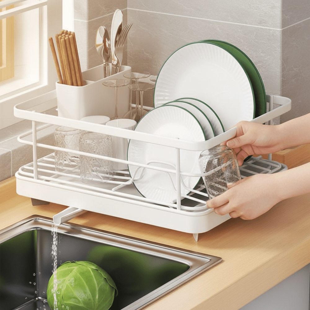 Compact Stainless Steel Dish Drying Rack with Integrated Countertop Drainboard