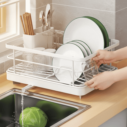 Compact Stainless Steel Dish Drying Rack with Integrated Countertop Drainboard