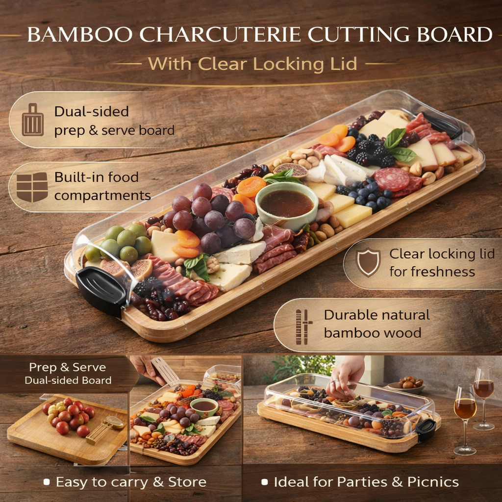 Bamboo Charcuterie Cutting Board with Locking Lid – Stylish Serving Tray