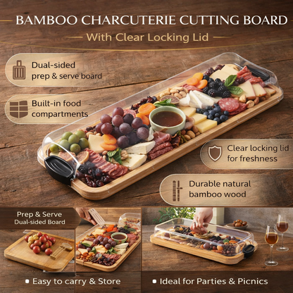 Bamboo Charcuterie Cutting Board with Locking Lid – Stylish Serving Tray