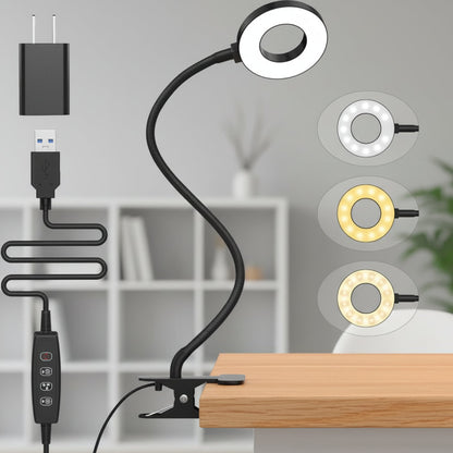Clip-On Desk Lamp with Flexible Neck — LED Reading Light with 3 Color Modes