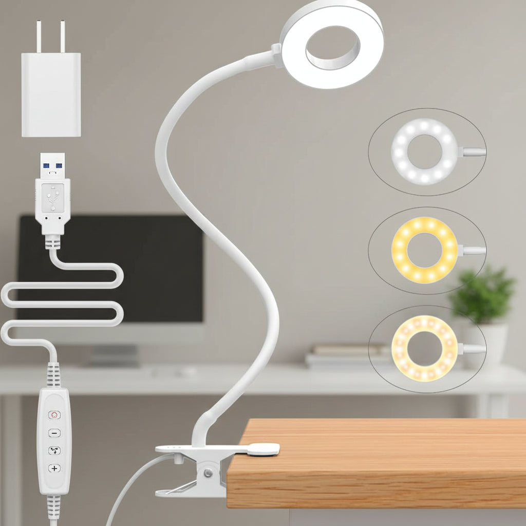 Clip-On Desk Lamp with Flexible Neck — LED Reading Light with 3 Color Modes