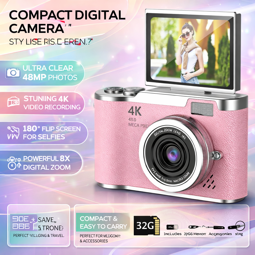 4K Digital Camera with Flip Screen, 48MP, 8x Zoom – Compact for Photos and Videos