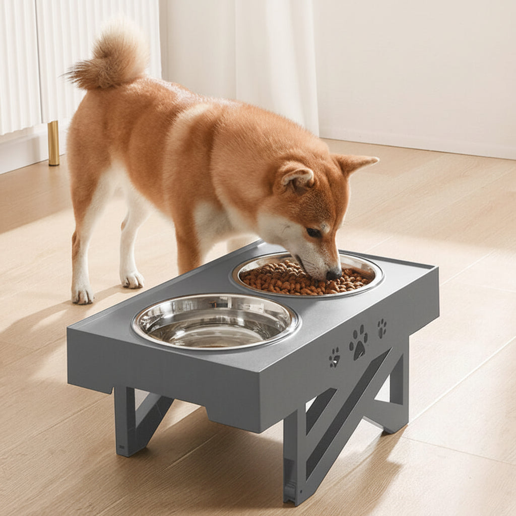 Elevated Adjustable Dog Feeding Station with Bowls