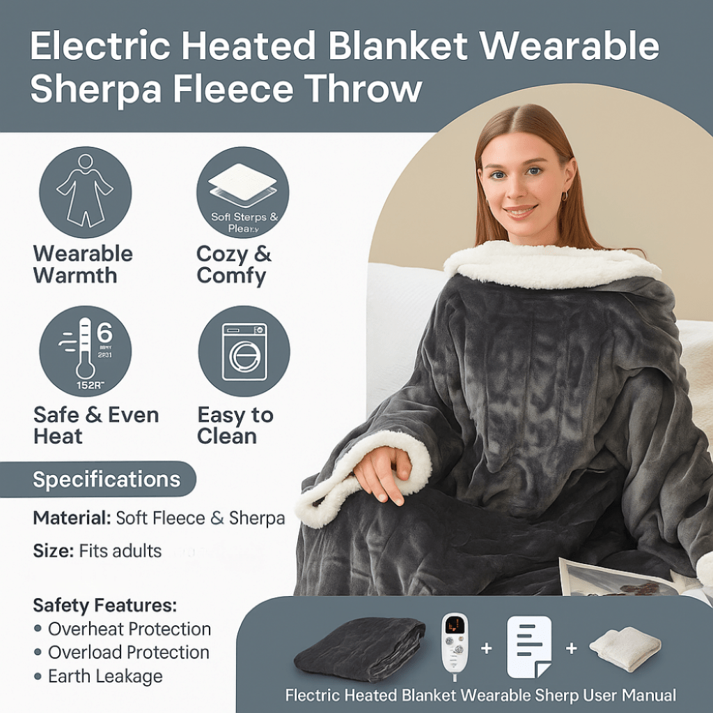 Cozy Wearable Electric Heated Sherpa Fleece Blanket for Adults
