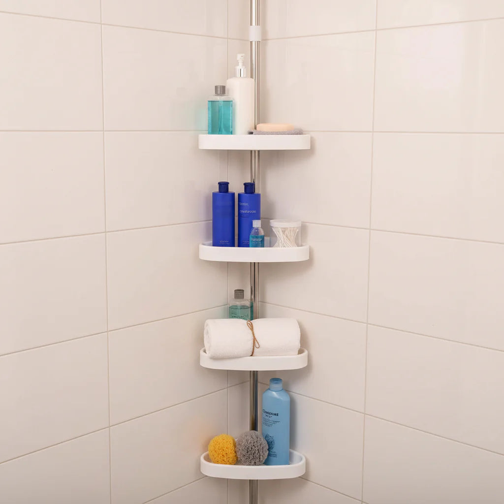 Adjustable Corner Shower Shelf with Tension Pole – Space-Saving Bathroom Storage Rack