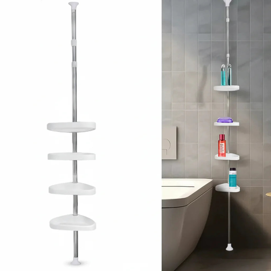 Adjustable Corner Shower Shelf with Tension Pole – Space-Saving Bathroom Storage Rack