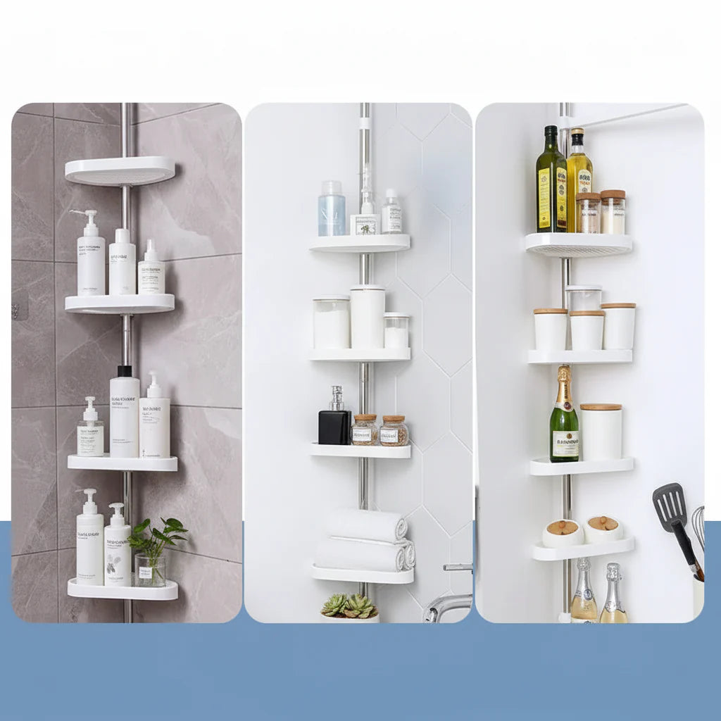 Adjustable Corner Shower Shelf with Tension Pole – Space-Saving Bathroom Storage Rack