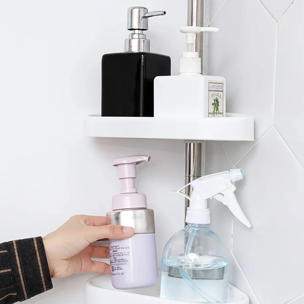 Adjustable Corner Shower Shelf with Tension Pole – Space-Saving Bathroom Storage Rack