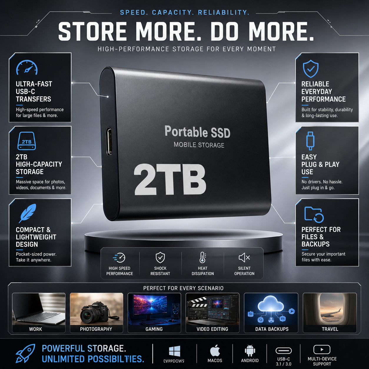 2TB USB-C Portable External SSD – Fast, Compact Mobile Storage