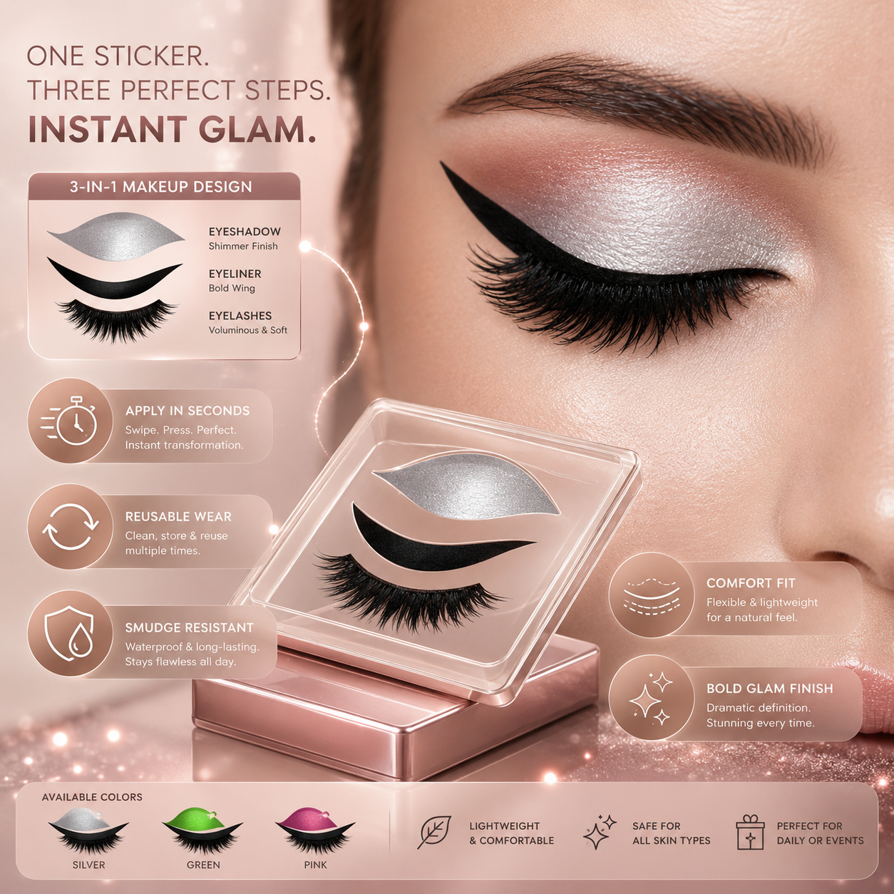3-in-1 False Eyelashes Kit - Reusable Eyeshadow, Eyeliner & Makeup Sticker Set