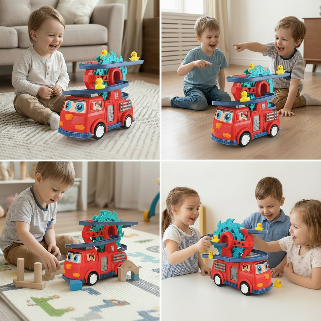 Fun Fire Truck Toy with Duck Slide, Track, Lights & Sounds