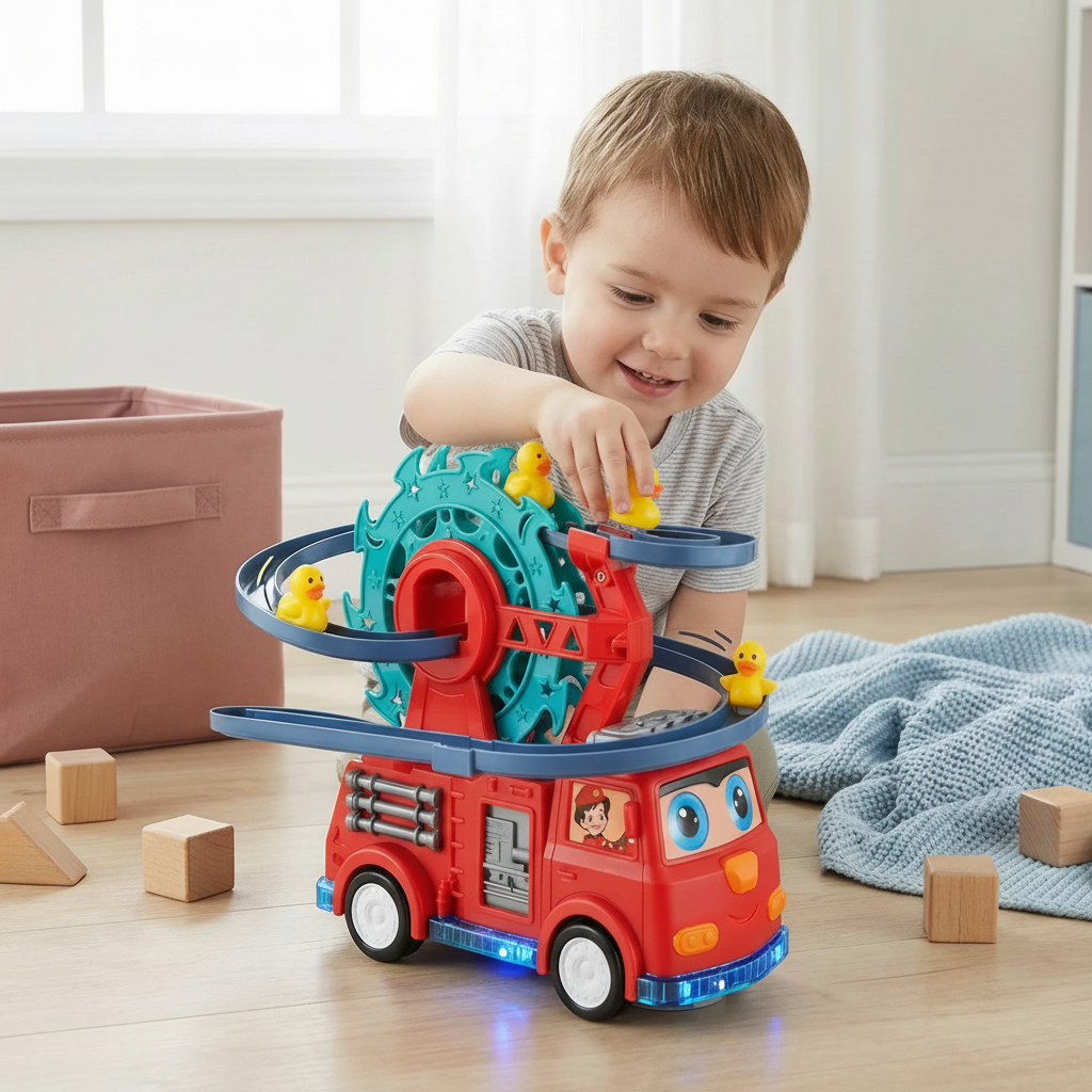 Fun Fire Truck Toy with Duck Slide, Track, Lights & Sounds