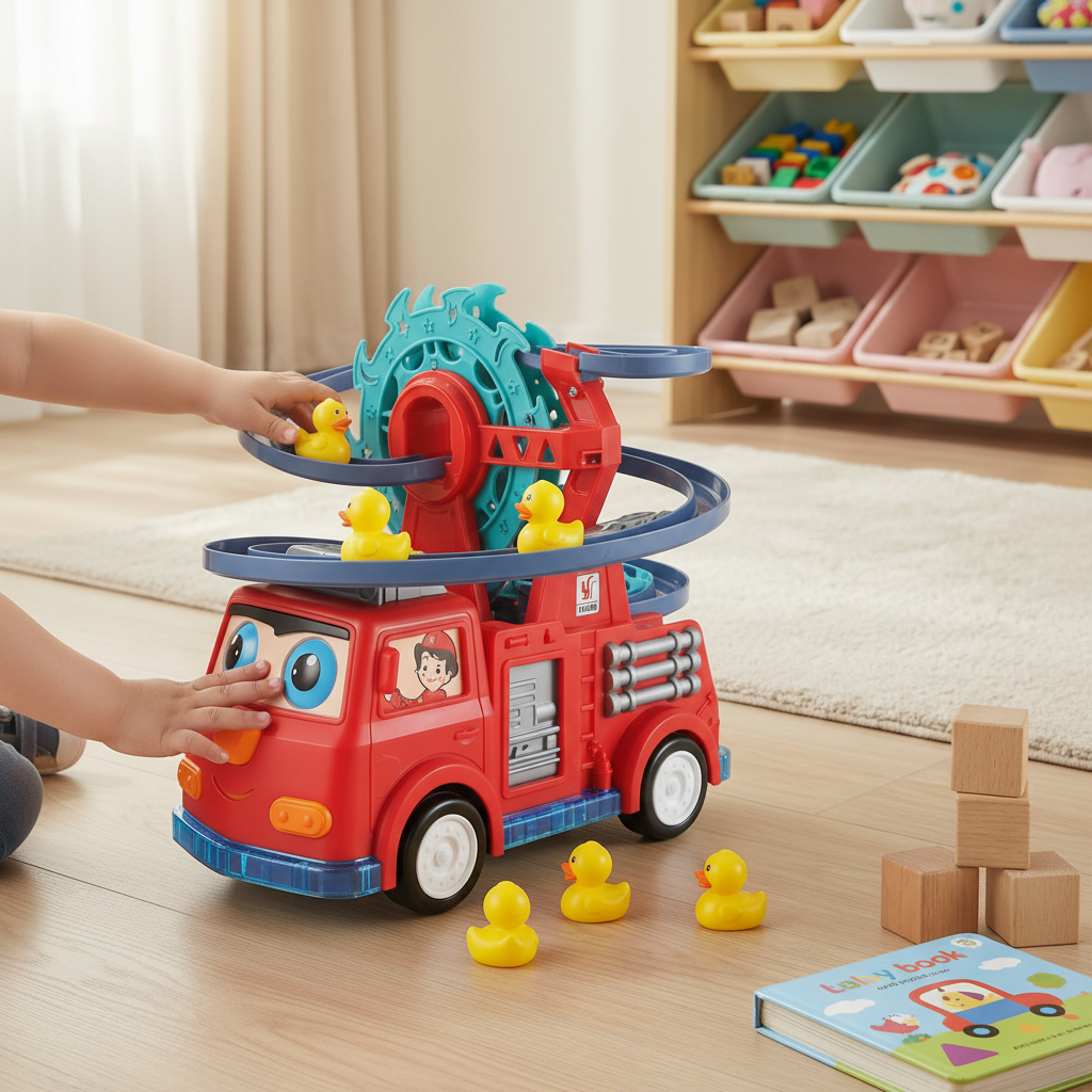 Fun Fire Truck Toy with Duck Slide, Track, Lights & Sounds