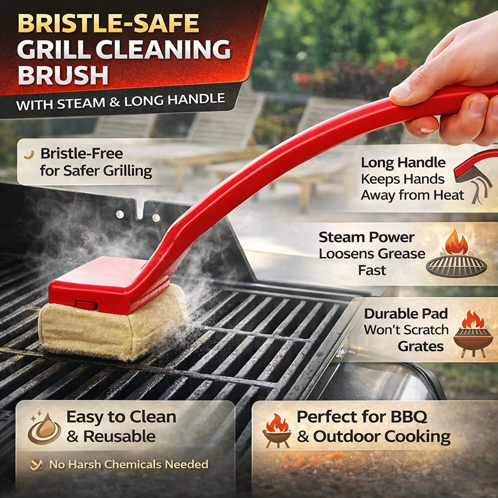Bristle-Free Steam Grill Cleaning Brush with Long Handle for Effortless Deep Cleaning