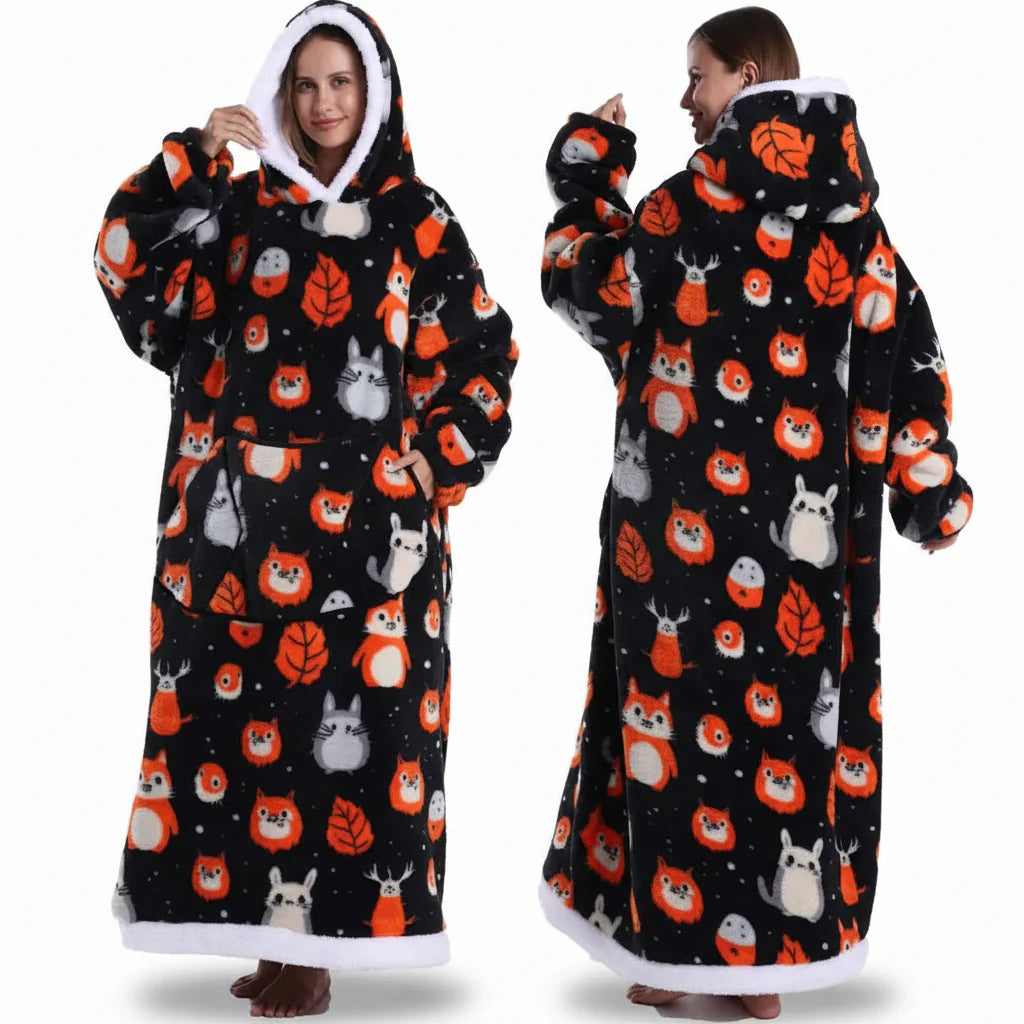 Cozy Halloween Sherpa Hoodie Blanket with Print - Oversized Wearable Throw