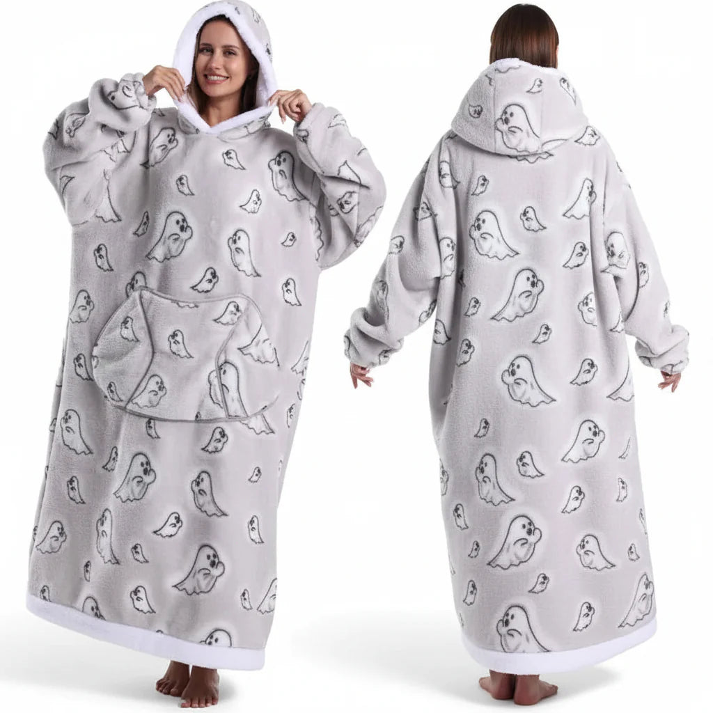 Cozy Halloween Sherpa Hoodie Blanket with Print - Oversized Wearable Throw