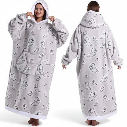 Cozy Halloween Sherpa Hoodie Blanket with Print - Oversized Wearable Throw