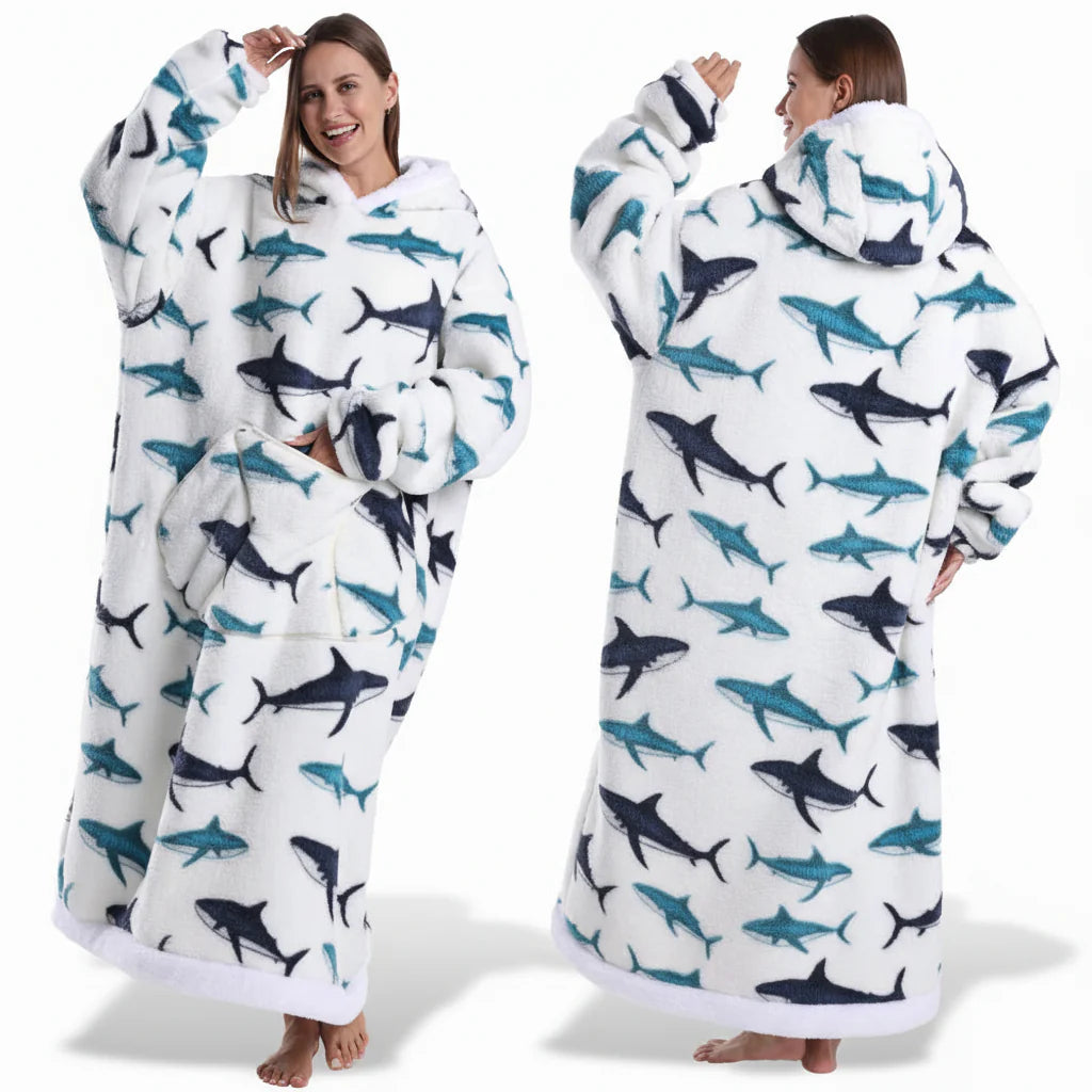 Cozy Halloween Sherpa Hoodie Blanket with Print - Oversized Wearable Throw