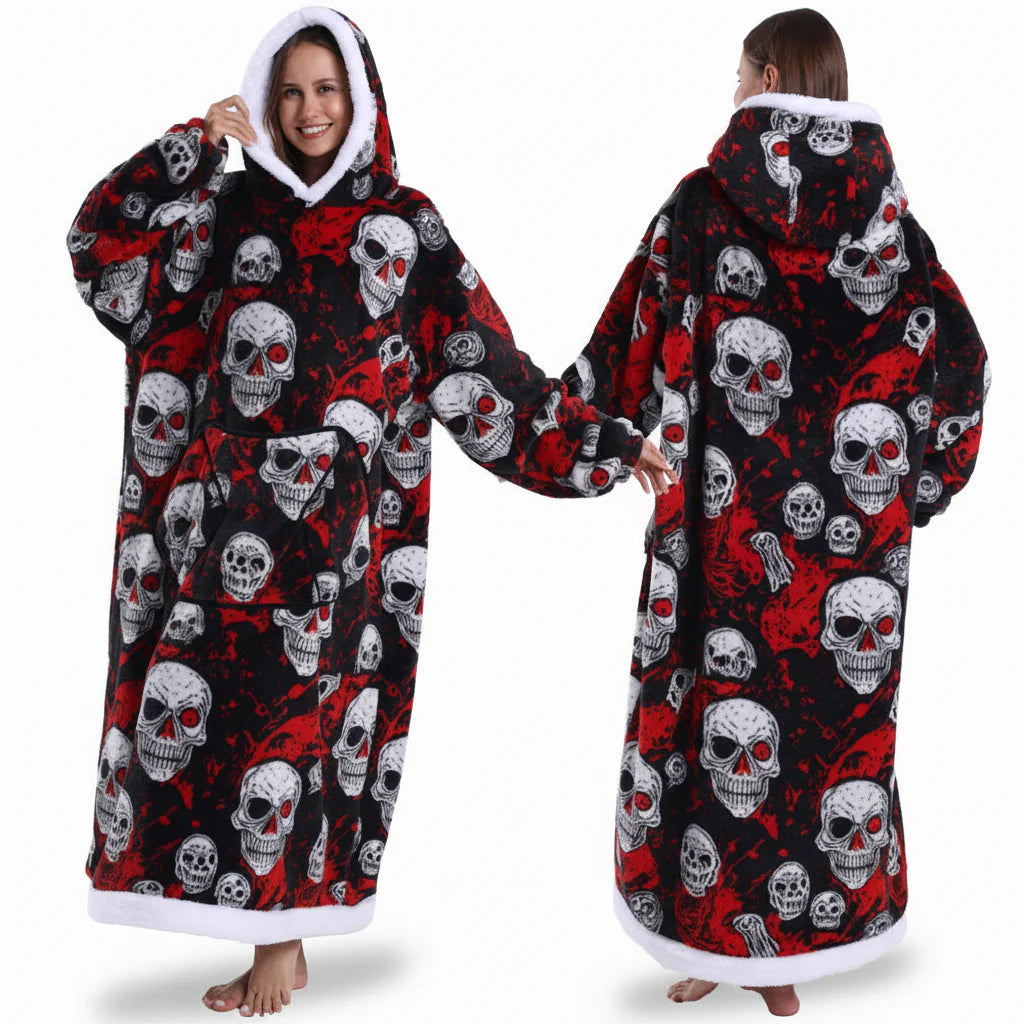 Cozy Halloween Sherpa Hoodie Blanket with Print - Oversized Wearable Throw
