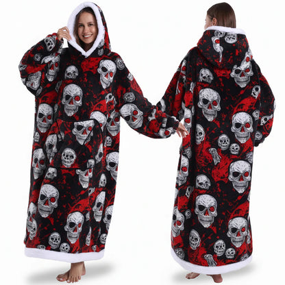 Cozy Halloween Sherpa Hoodie Blanket with Print - Oversized Wearable Throw