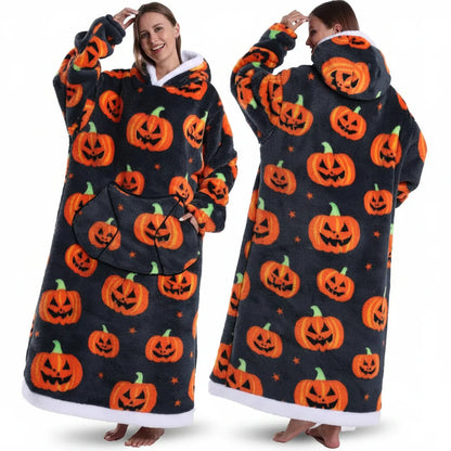 Cozy Halloween Sherpa Hoodie Blanket with Print - Oversized Wearable Throw