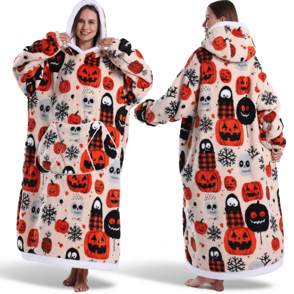 Cozy Halloween Sherpa Hoodie Blanket with Print - Oversized Wearable Throw