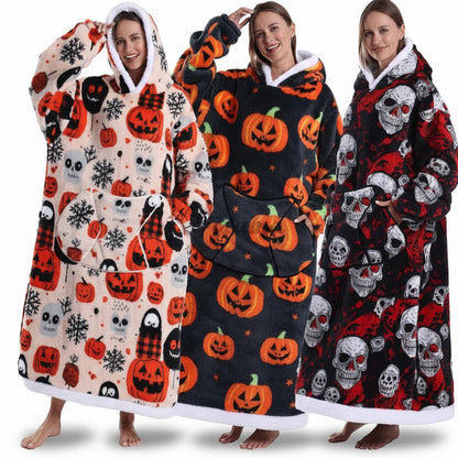 Cozy Halloween Sherpa Hoodie Blanket with Print - Oversized Wearable Throw