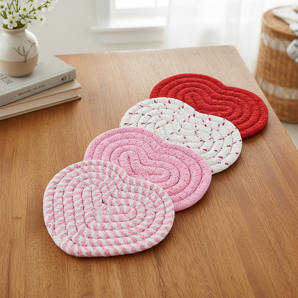 Heart-Shaped Table Coasters – Durable Woven Polyester, Heat-Resistant Mats