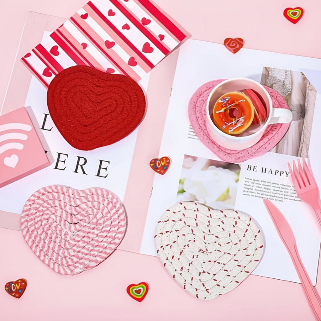 Heart-Shaped Table Coasters – Durable Woven Polyester, Heat-Resistant Mats