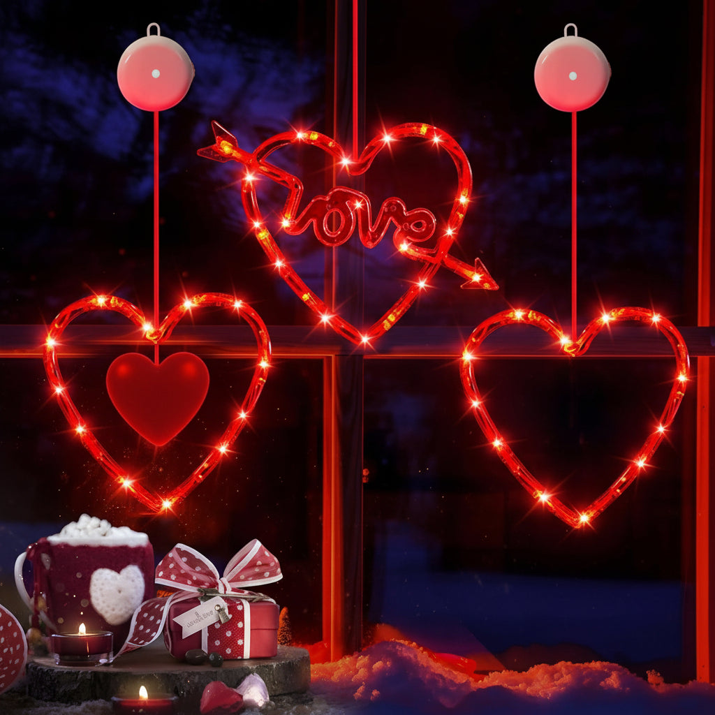 Battery-Powered LED Heart Window Lights with Suction Cups – Romantic Home Decor