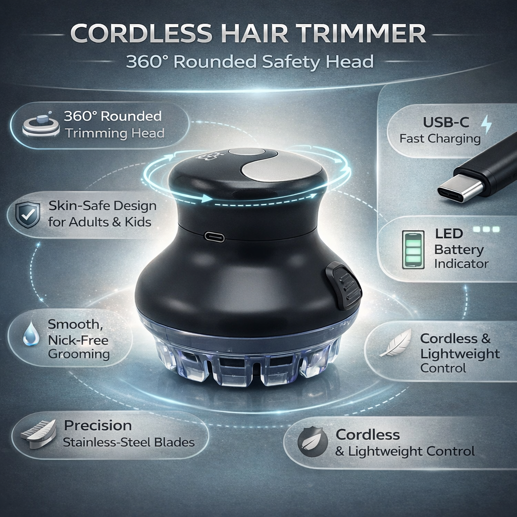 Cordless Hair Clipper & Electric Trimmer – 360° Safe Head Shaver