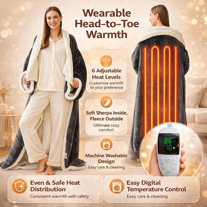 Cozy Wearable Electric Heated Sherpa Fleece Blanket for Adults
