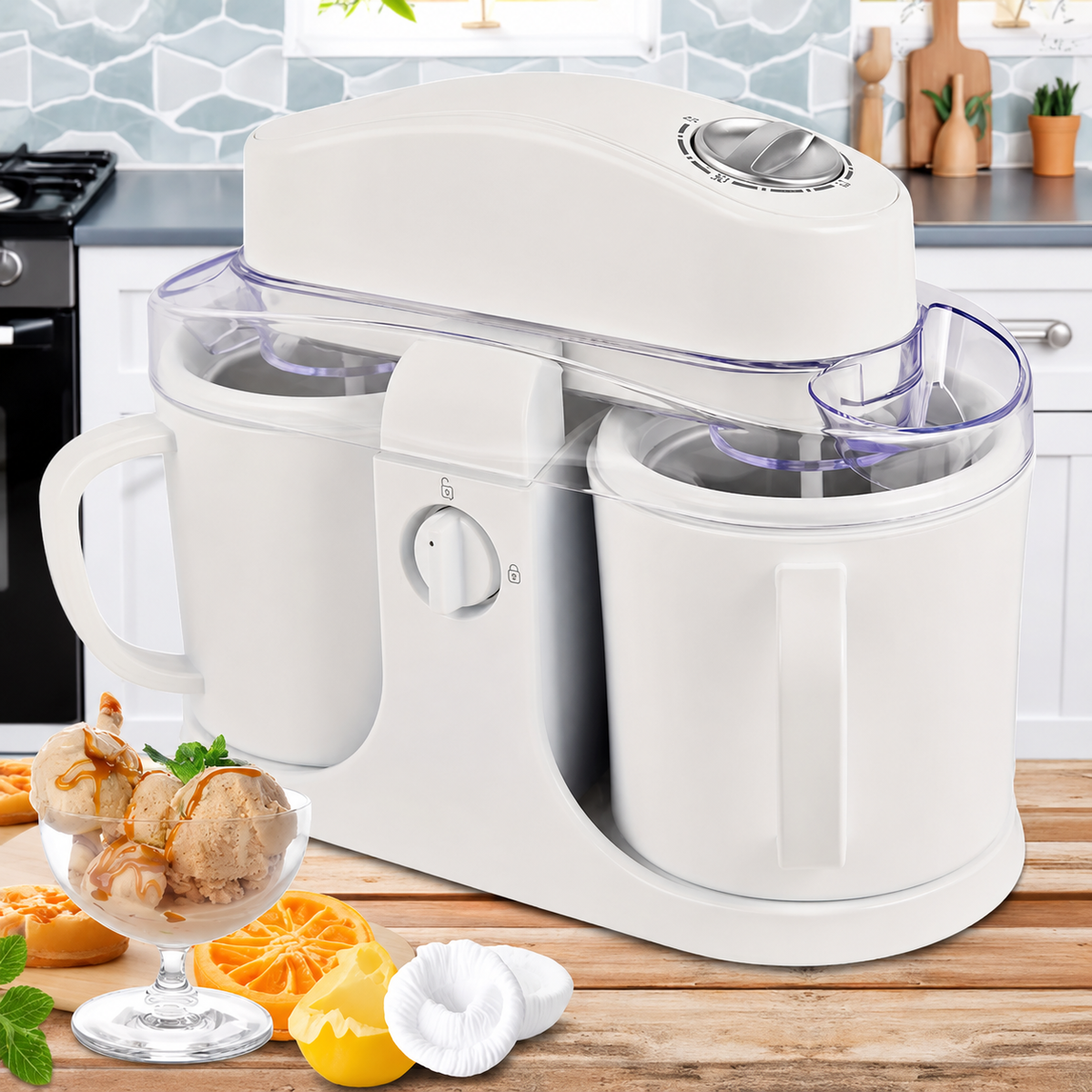 Countertop Dual-Bowl Ice Cream Maker for Homemade Frozen Desserts