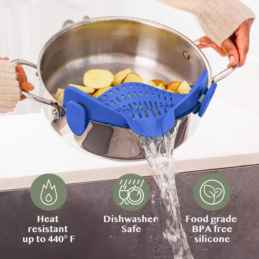 Clip-On Silicone Kitchen Strainer Colander for Pasta – Easy Rinse & Drain