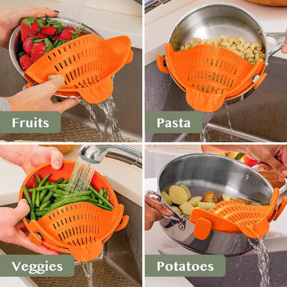 Clip-On Silicone Kitchen Strainer Colander for Pasta – Easy Rinse & Drain