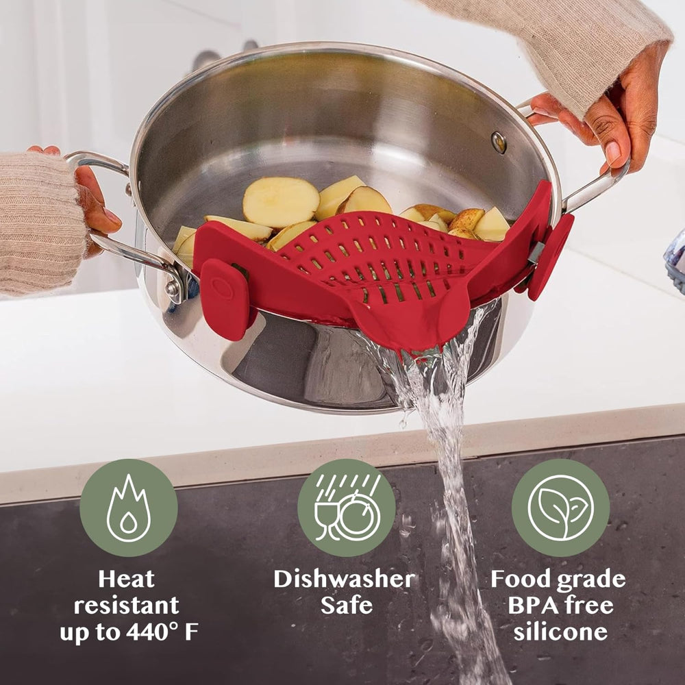 Clip-On Silicone Kitchen Strainer Colander for Pasta – Easy Rinse & Drain