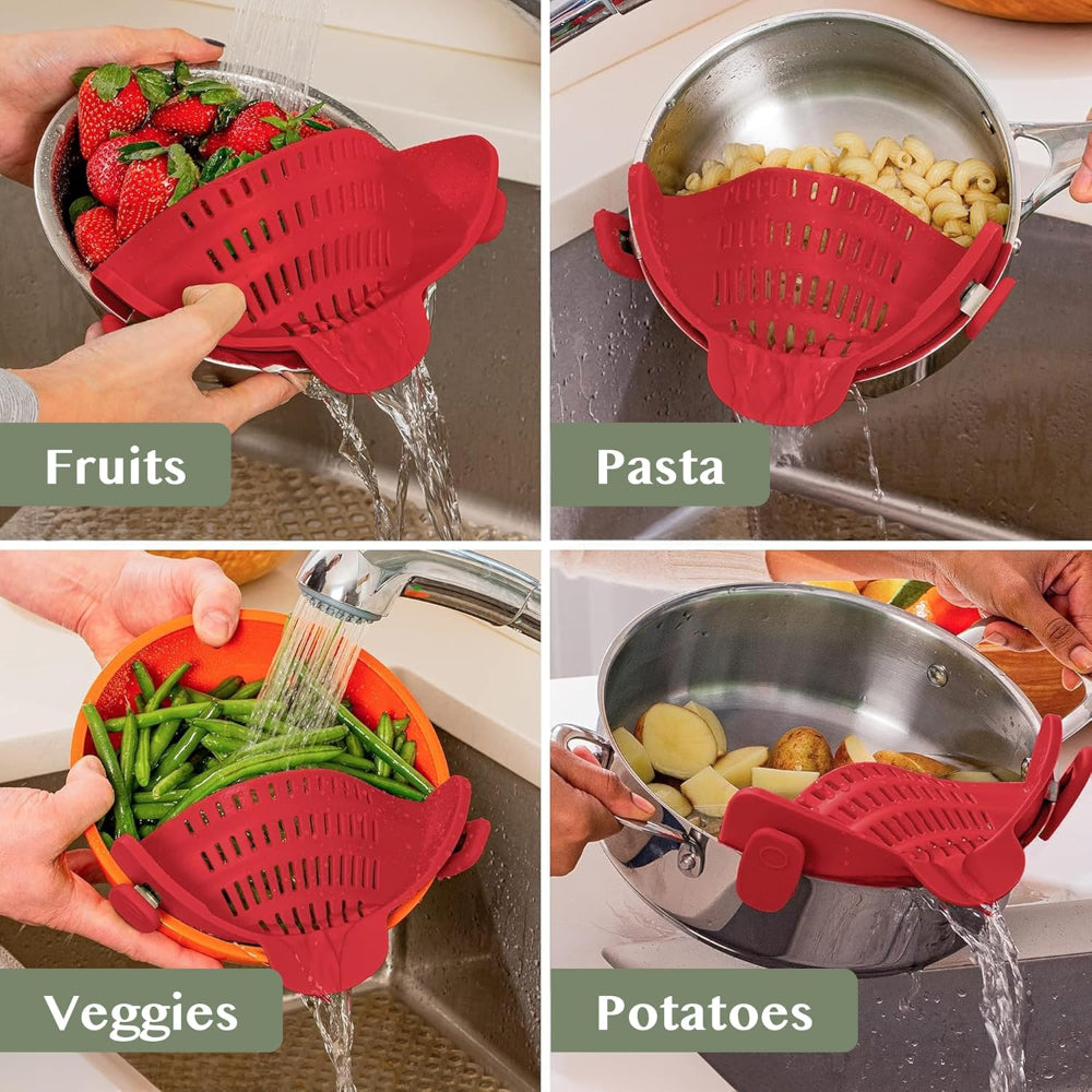 Clip-On Silicone Kitchen Strainer Colander for Pasta – Easy Rinse & Drain