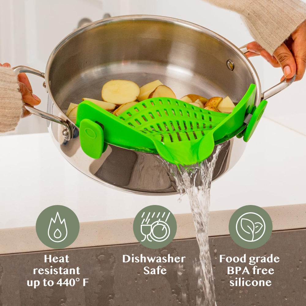 Clip-On Silicone Kitchen Strainer Colander for Pasta – Easy Rinse & Drain