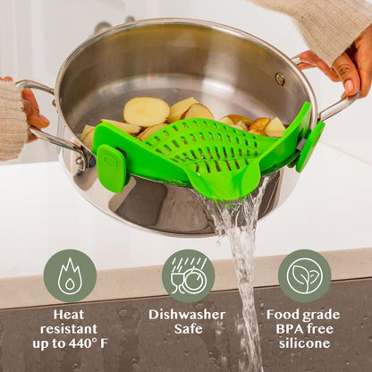 Clip-On Silicone Kitchen Strainer Colander for Pasta – Easy Rinse & Drain