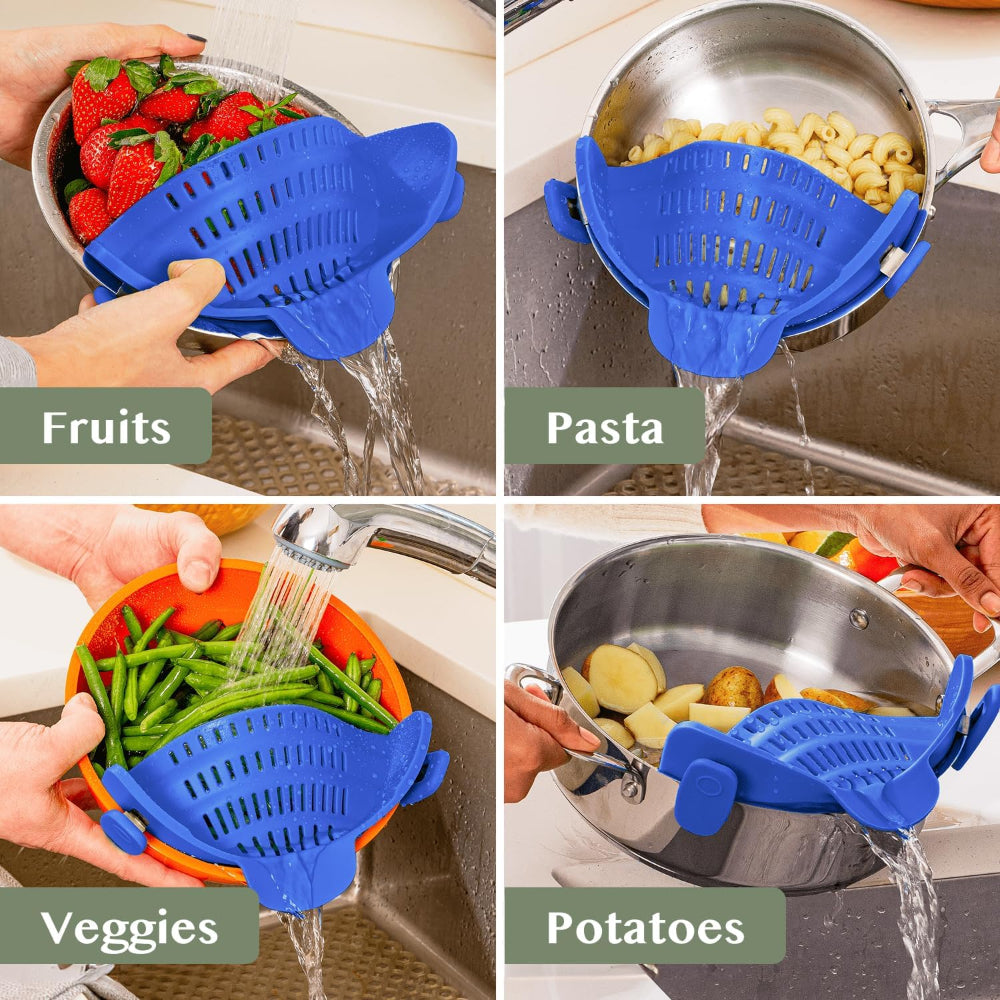 Clip-On Silicone Kitchen Strainer Colander for Pasta – Easy Rinse & Drain