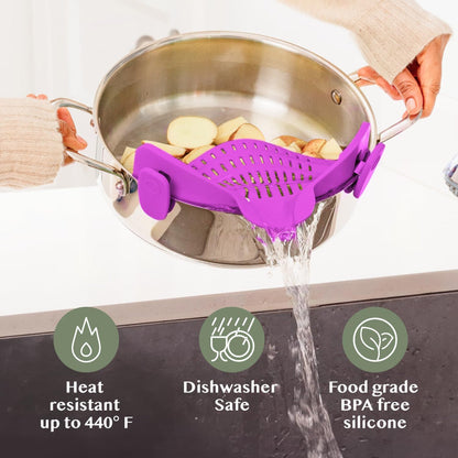 Clip-On Silicone Kitchen Strainer Colander for Pasta – Easy Rinse & Drain