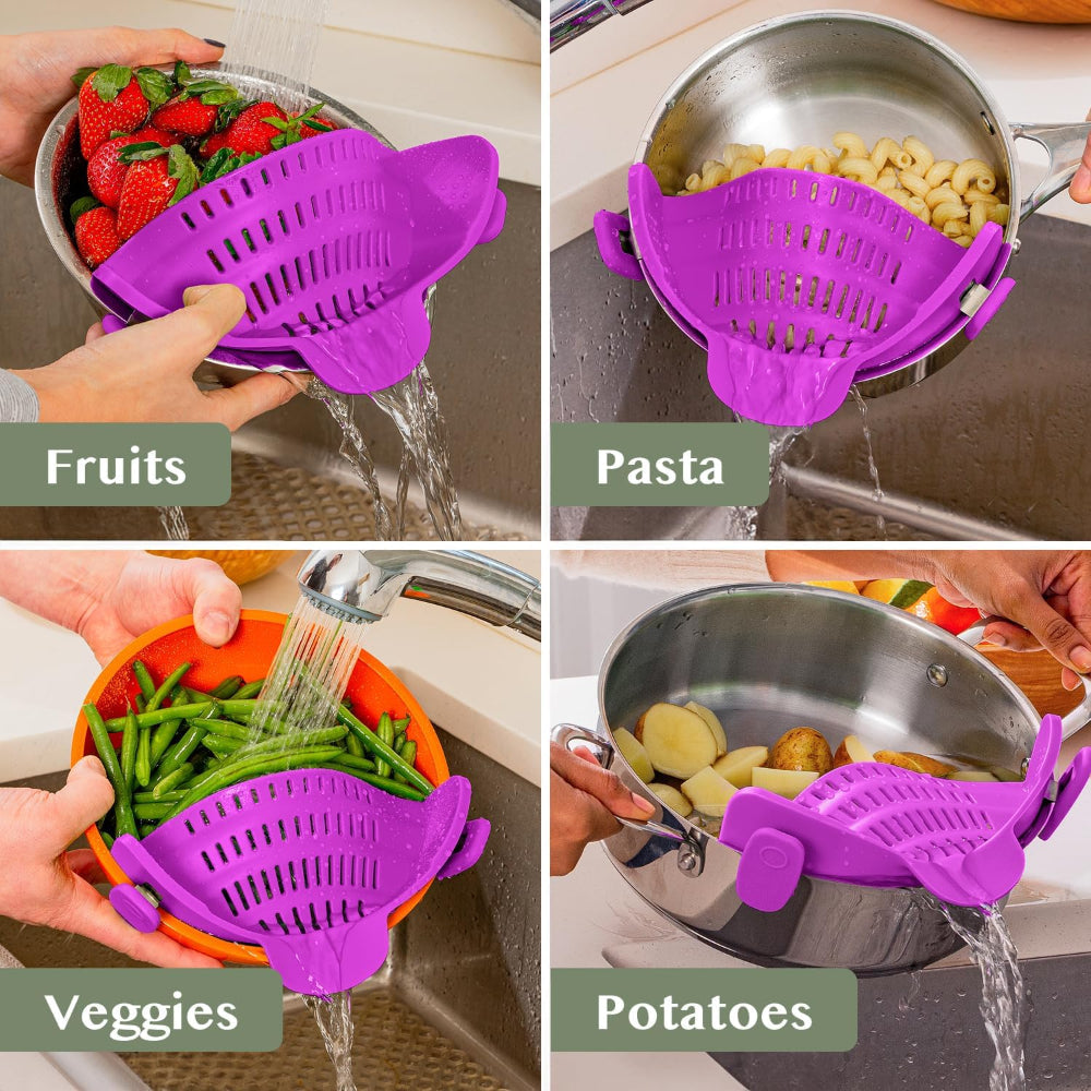 Clip-On Silicone Kitchen Strainer Colander for Pasta – Easy Rinse & Drain