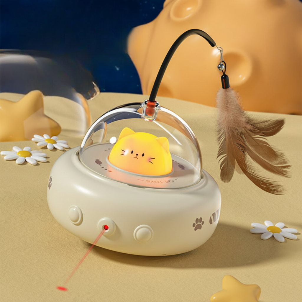 Automatic Laser Chase UFO Cat Toy with Interactive Feather Teaser