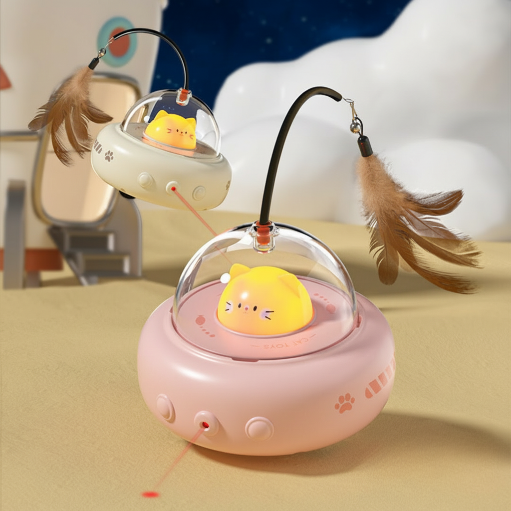 Automatic Laser Chase UFO Cat Toy with Interactive Feather Teaser