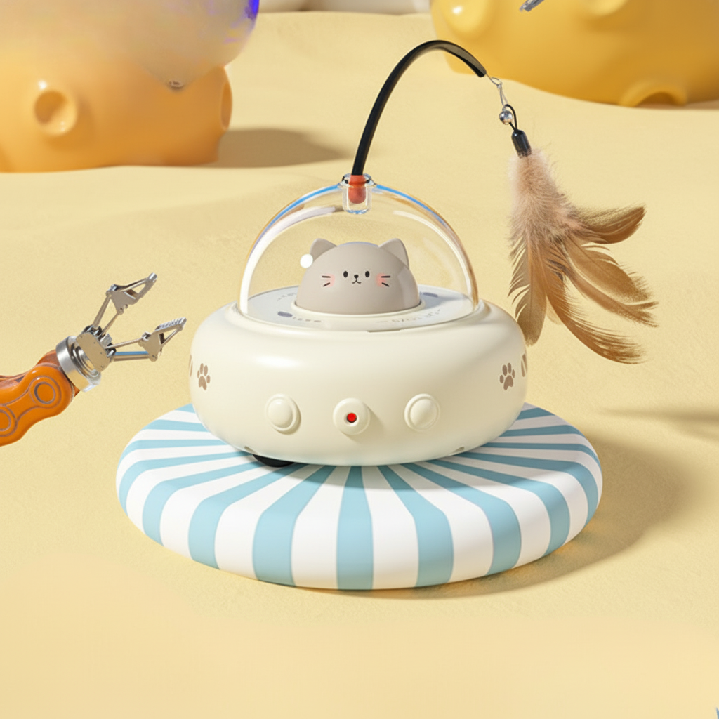 Automatic Laser Chase UFO Cat Toy with Interactive Feather Teaser