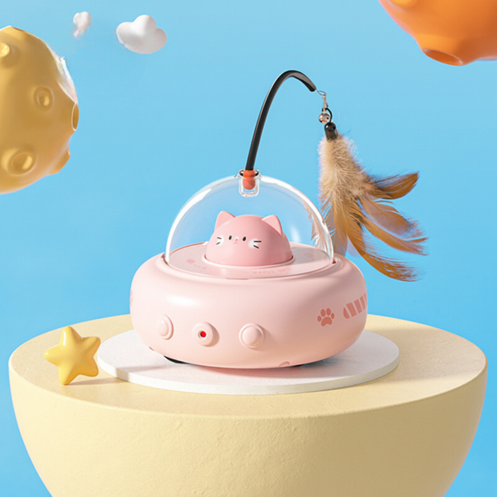 Automatic Laser Chase UFO Cat Toy with Interactive Feather Teaser